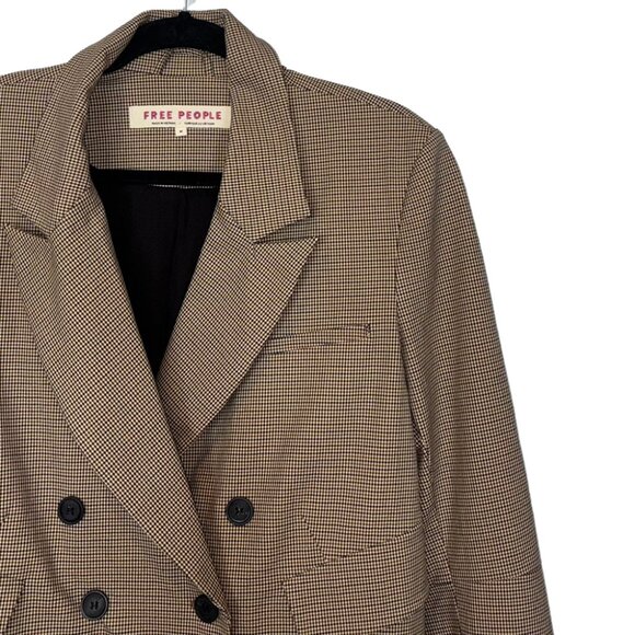 Free People Betty Brown Houndstooth Double-Breasted Cropped Blazer - Size M - Picture 1 of 6